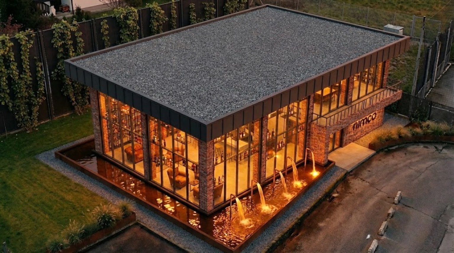 3D vizualizacija Nimco destilerije iz povišenog pogleda: vodena površina obuhvaća zgradu, a hmelj raste po visokim obodnim panelima.