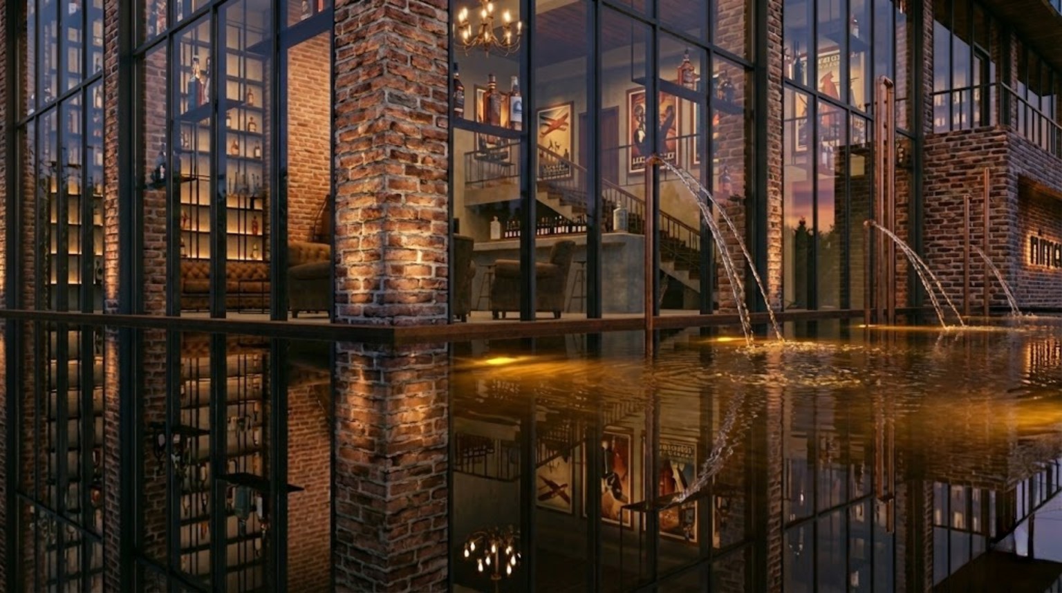 3D vizualizacija odraza visokih prozora i ciglene fasade u reflektirajućoj vodi.